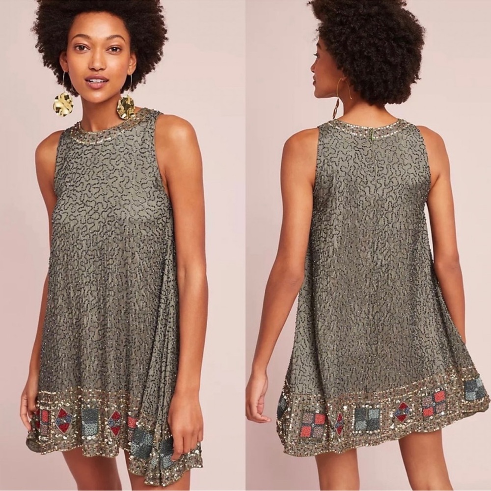 RAGA Anthropologie Sleeveless Sage Mini Dress with Colorful Bead Accents